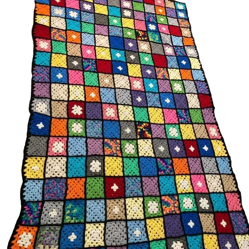 Granny Square Crocheted Blanket Bright Black trim 68 x‎ 108
